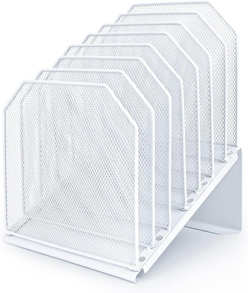 SUMMORE Inclined File Organizer for Desk, 7-Tier Vertical File Folder Holder Office Desk Organizer Metal Rack File Wire Mesh Desktop Document Sorter for Office School Classroom Home (White) - Image 1